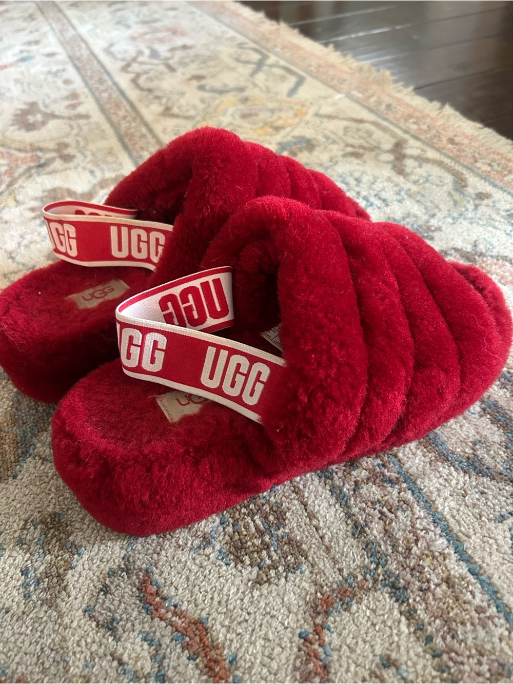 UGG Red Fuzzy Slide Slippers with Branded Elastic Strap